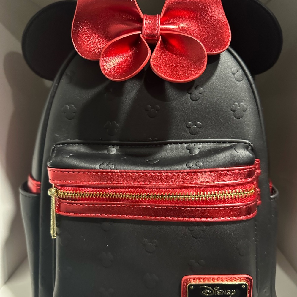Loungefly Disney Minnie Mouse Metallic Red Bow Ears Mini Backpack NWT
